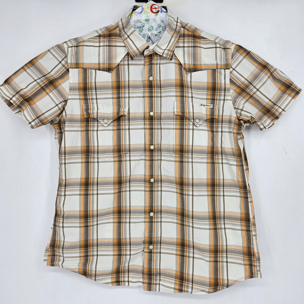 Lucky Brand Pearl Snap‎ Shirt Mens Large Western Orange Plaid Short Sleeve